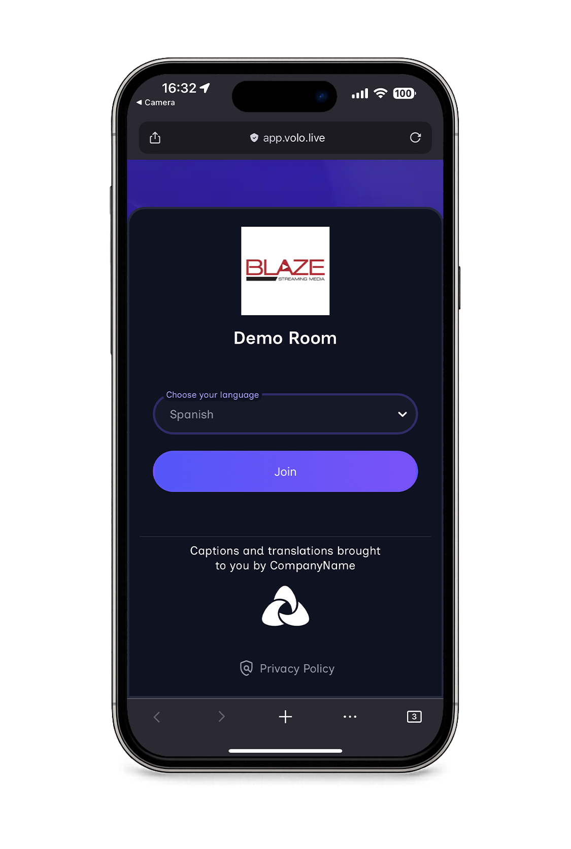 App Landing Page Volo mobile view landing page language selection and stream information